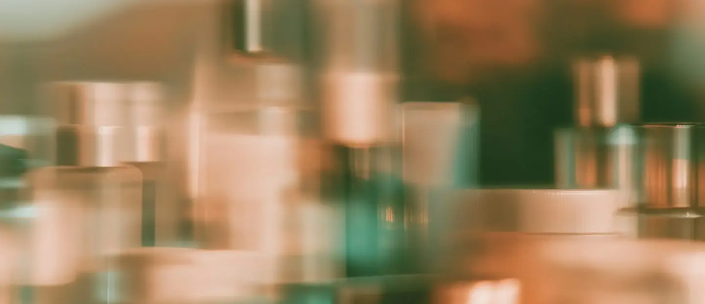 Beauty products on a shelf, in motion blur