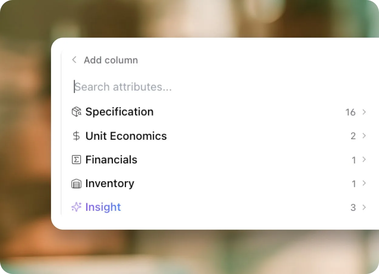 Zenline menu for adding product attributes such as specification, unit economics, inventory and insight