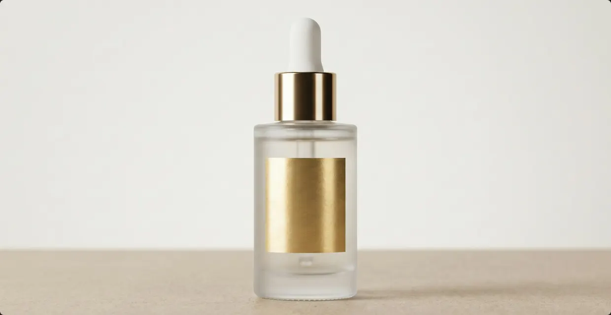 Glass serum bottle with a dropper on a light shelf