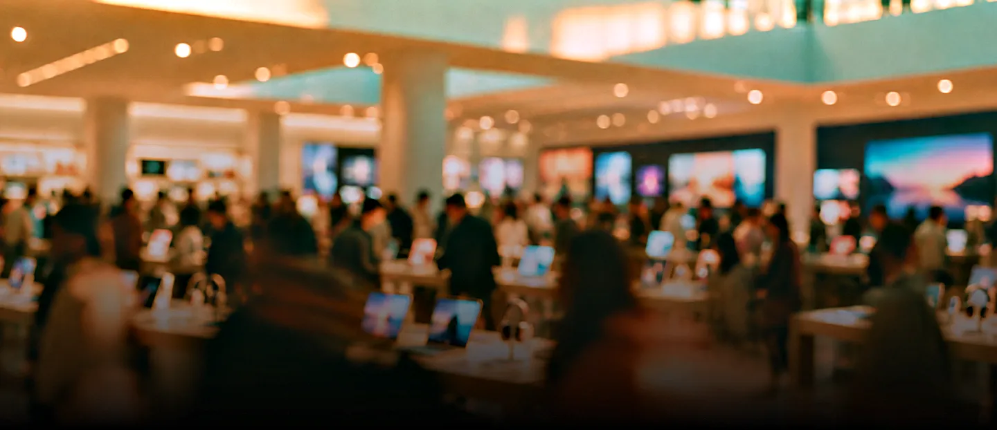 Busy electronics store in motion blur