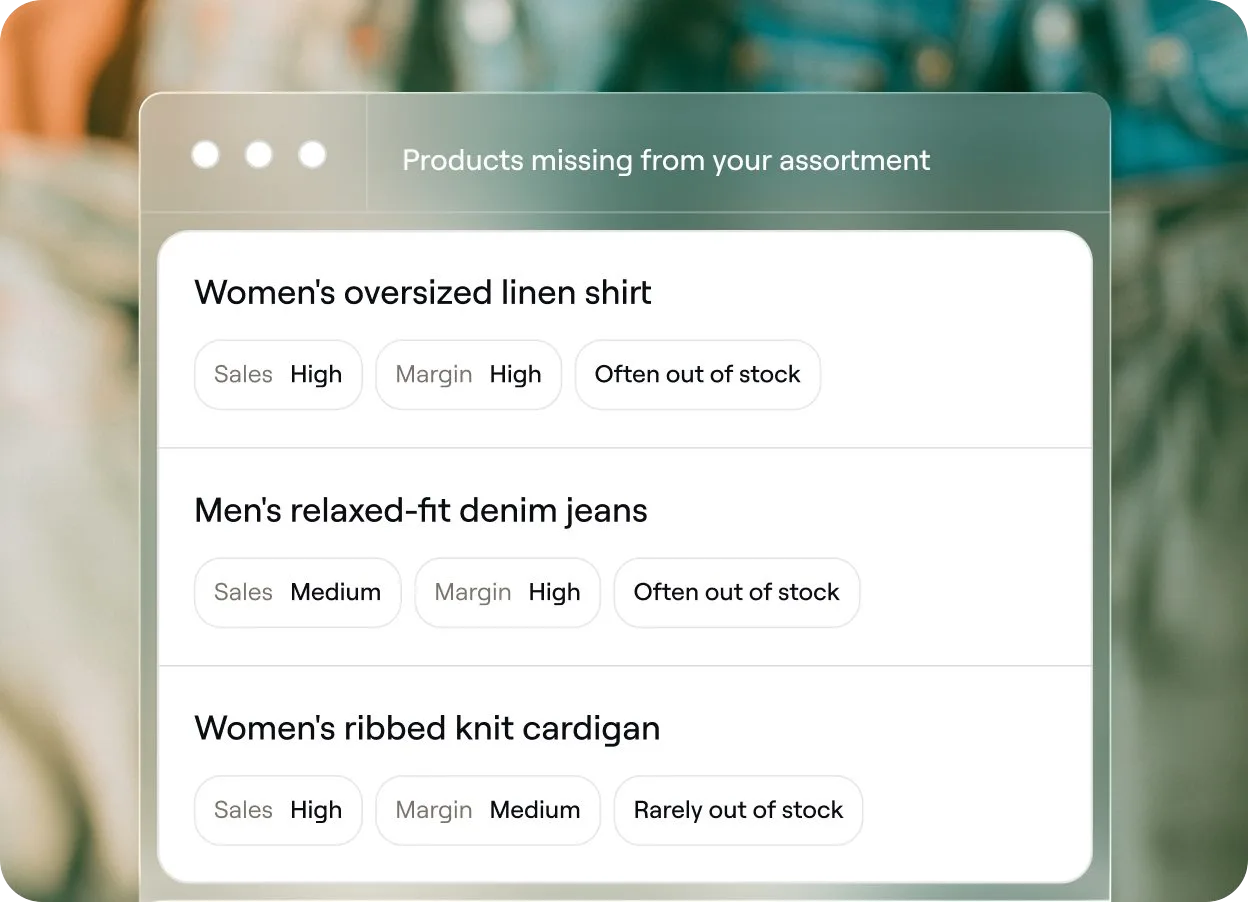 Zenline list of products missing from a retailer’s assortment, with sales, margin and stock signals