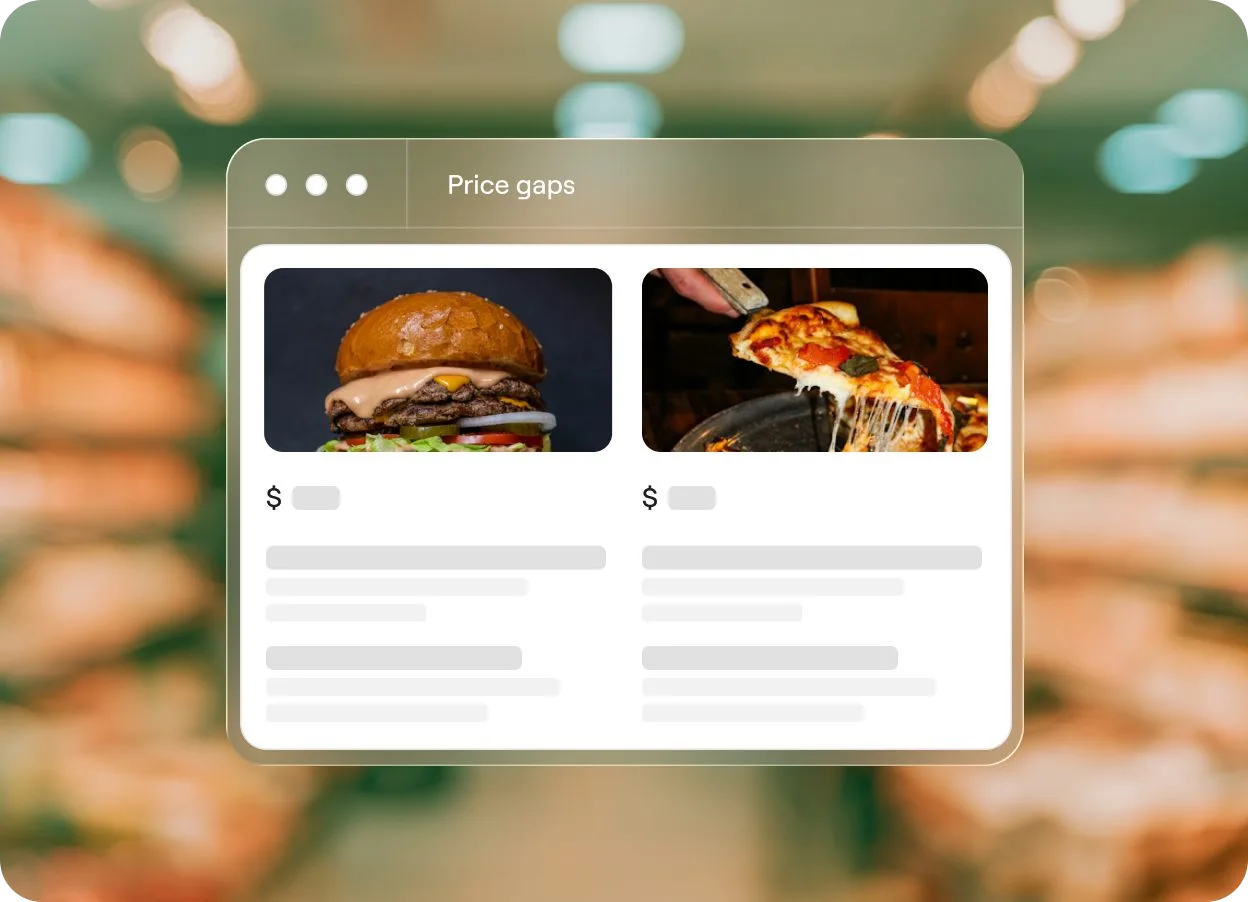 Zenline price gap window comparing a burger and a pizza