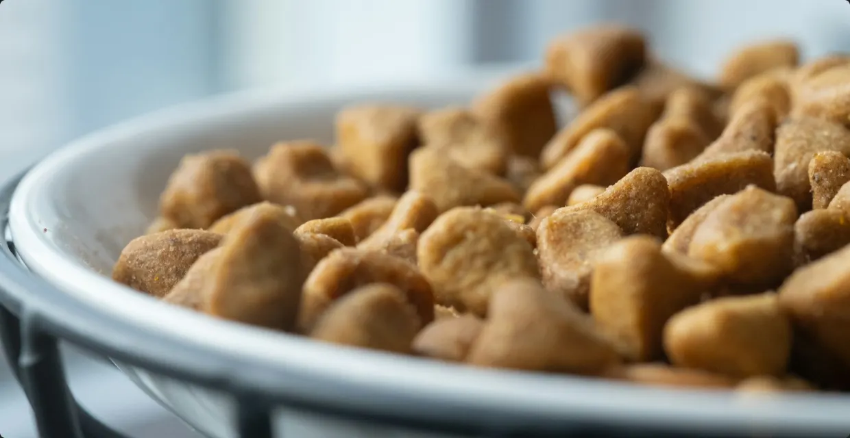 Close-up of kibble in a metal bowl