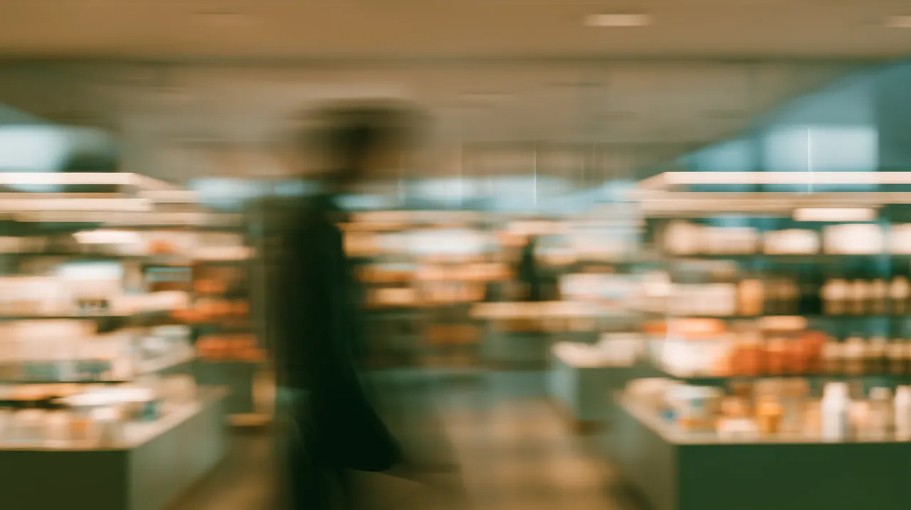 Shopper walking past supermarket shelves, softly blurred